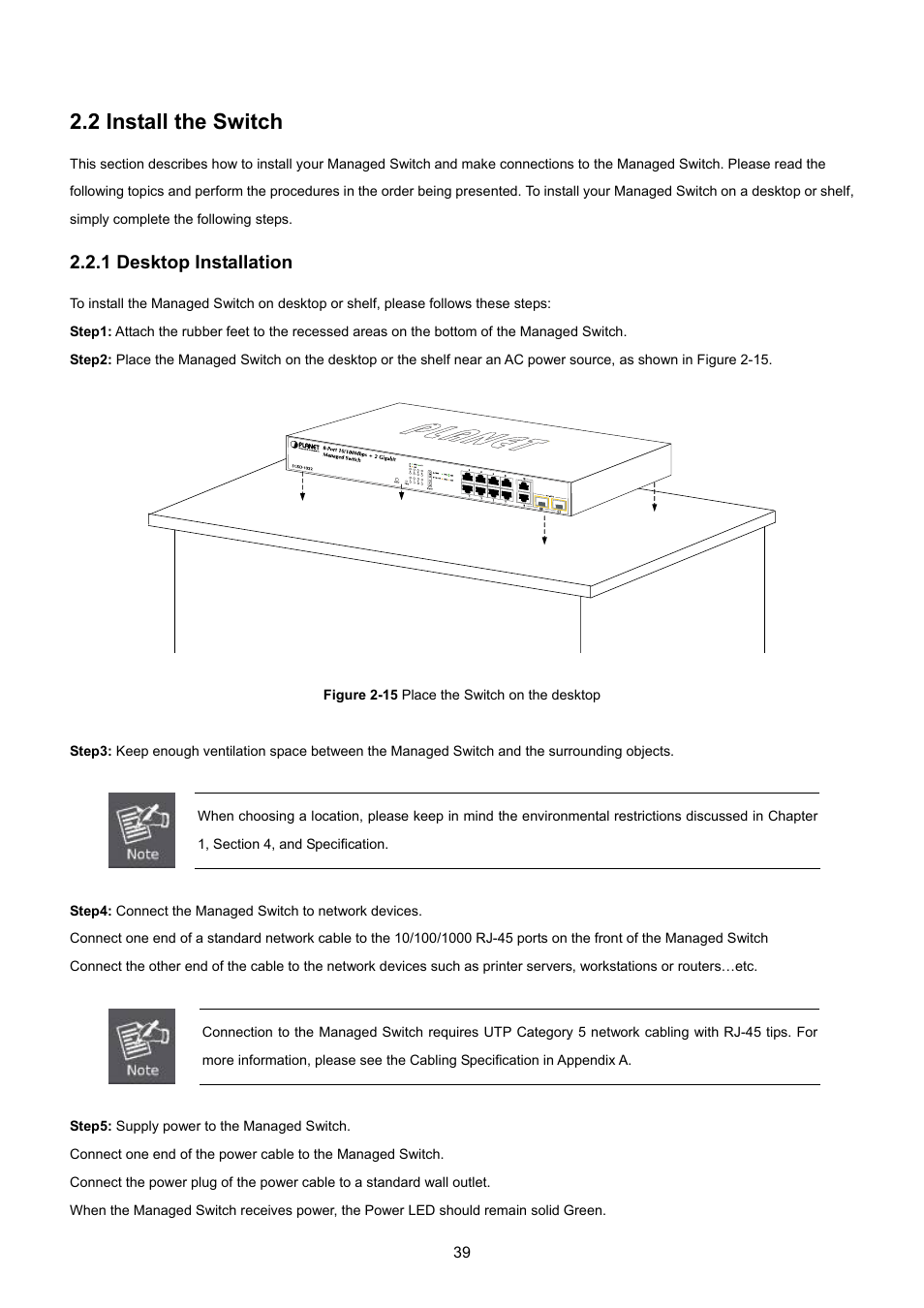 2 install the switch, 1 desktop installation | PLANET SGSD-1022 User Manual | Page 39 / 693