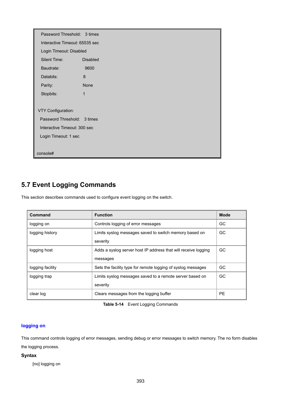 7 event logging commands, Logging on | PLANET SGSD-1022 User Manual | Page 393 / 693