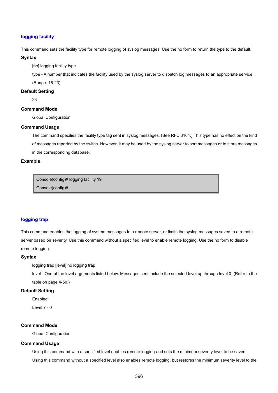 Logging facility, Logging trap | PLANET SGSD-1022 User Manual | Page 396 / 693