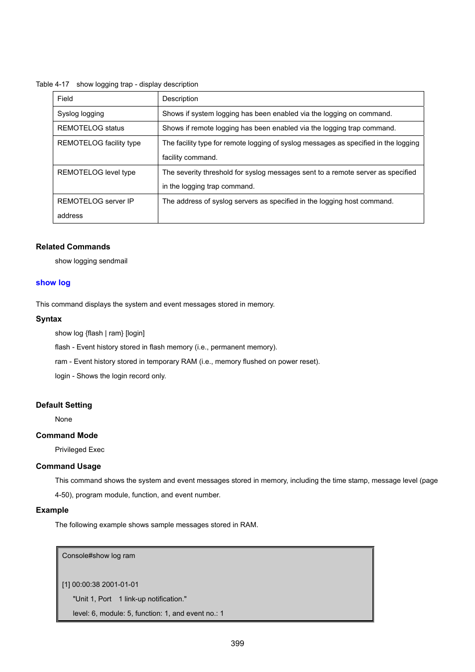 Show log | PLANET SGSD-1022 User Manual | Page 399 / 693