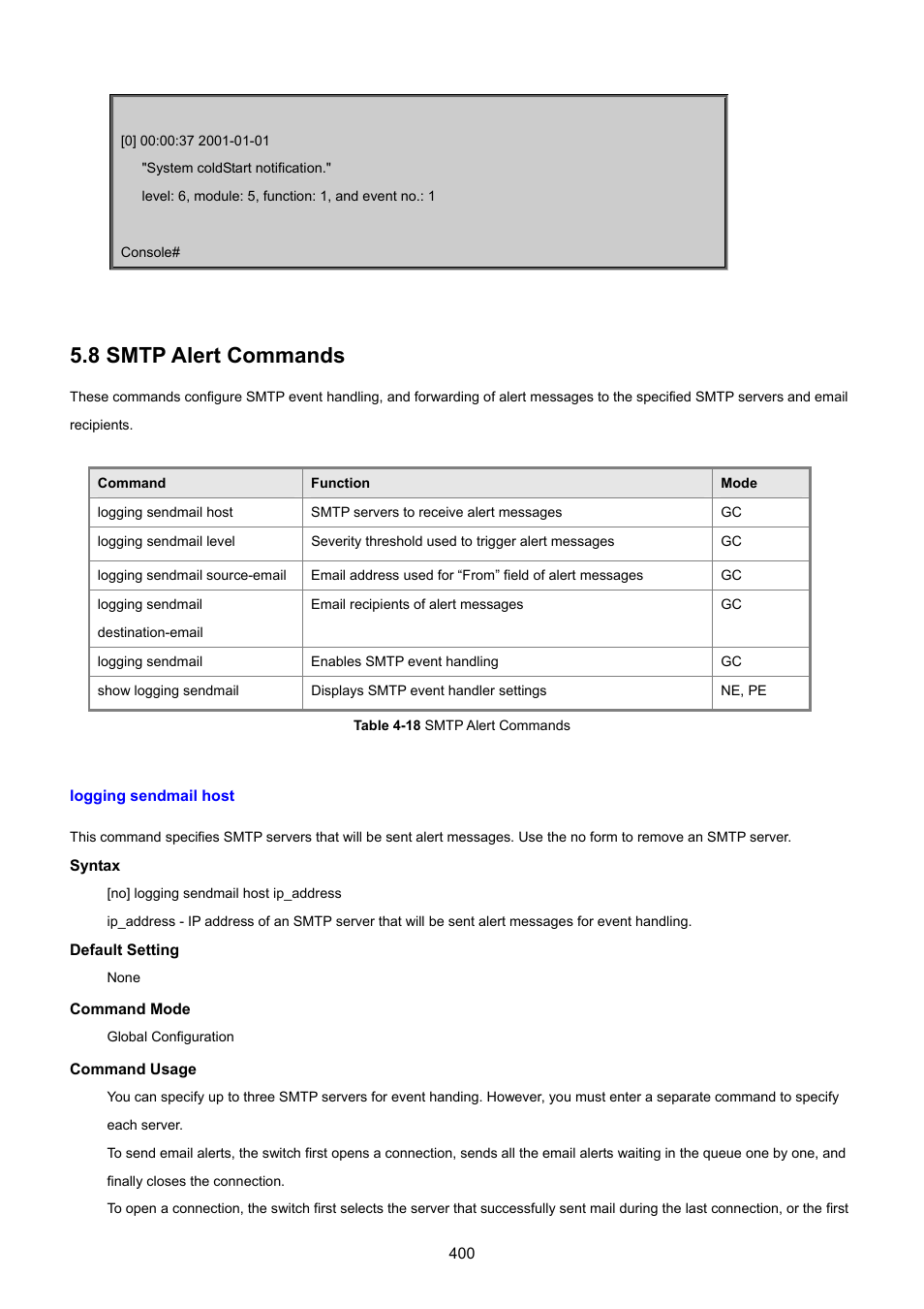 8 smtp alert commands, Logging sendmail host | PLANET SGSD-1022 User Manual | Page 400 / 693