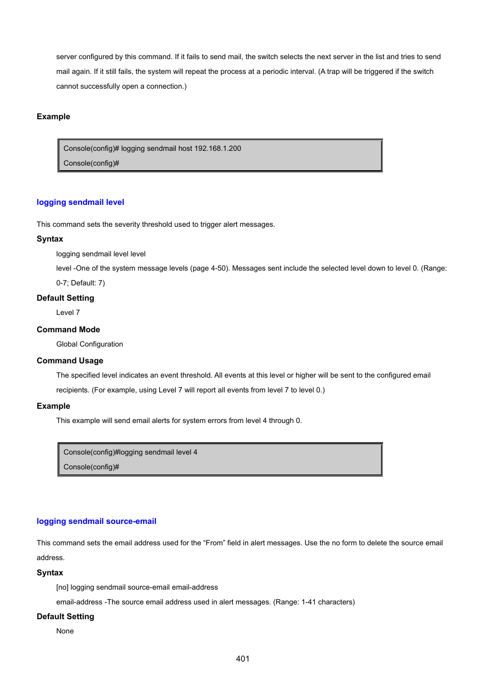 Logging sendmail level, Logging sendmail source-email | PLANET SGSD-1022 User Manual | Page 401 / 693
