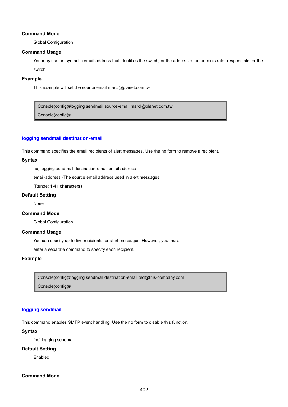 Logging sendmail destination-email, Logging sendmail | PLANET SGSD-1022 User Manual | Page 402 / 693