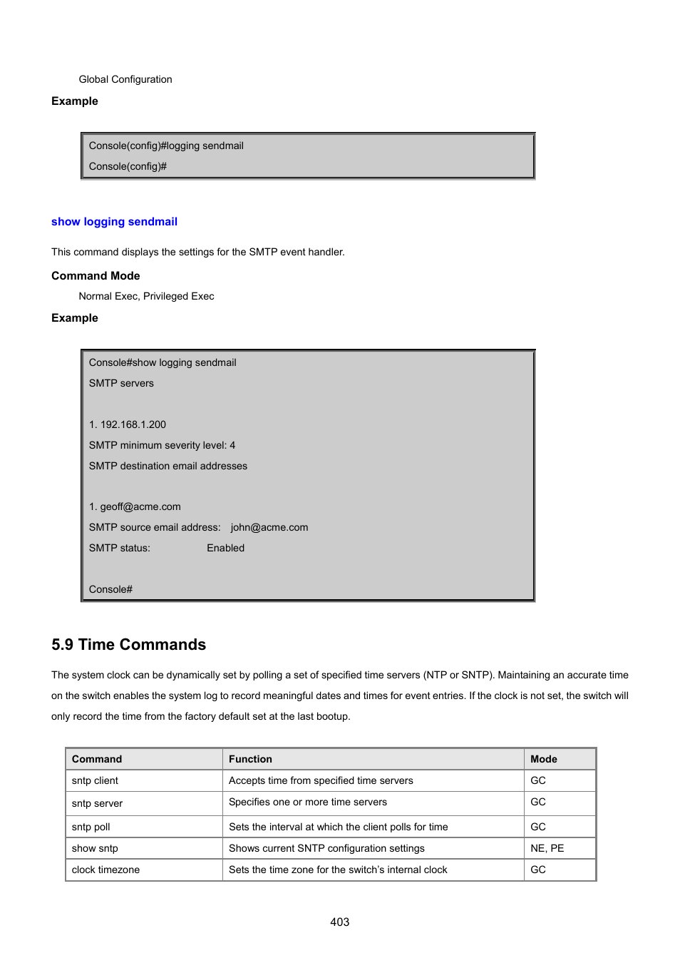 Show logging sendmail, 9 time commands | PLANET SGSD-1022 User Manual | Page 403 / 693