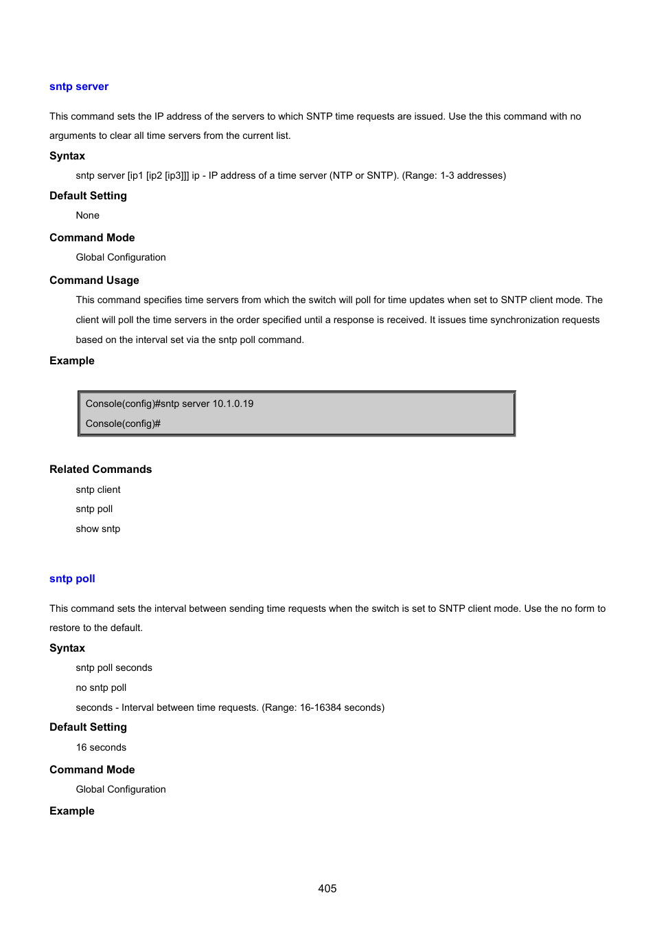 Sntp server, Sntp poll | PLANET SGSD-1022 User Manual | Page 405 / 693