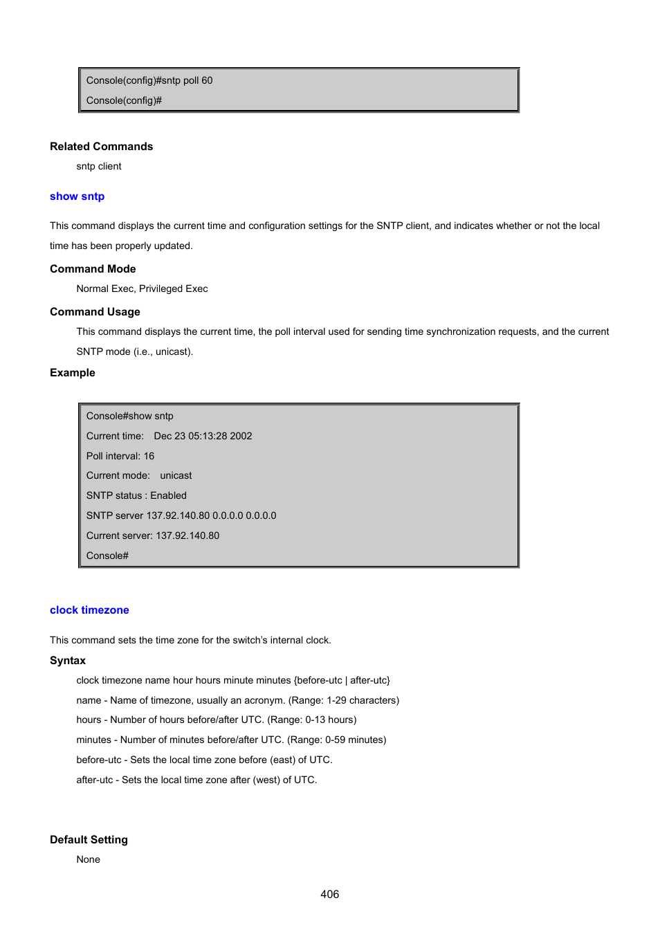 Show sntp, Clock timezone | PLANET SGSD-1022 User Manual | Page 406 / 693