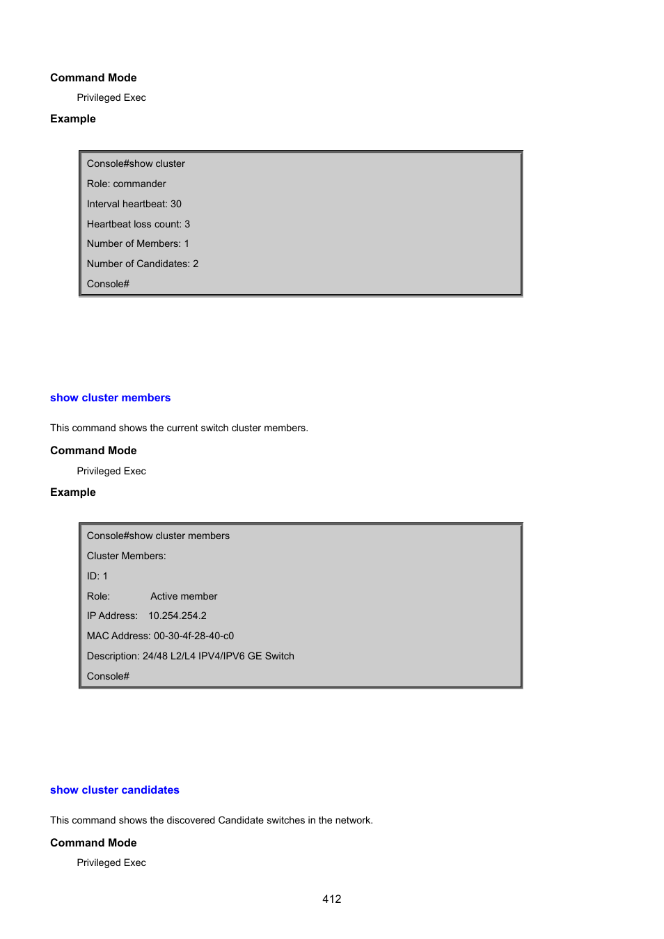 Show cluster members, Show cluster candidates | PLANET SGSD-1022 User Manual | Page 412 / 693