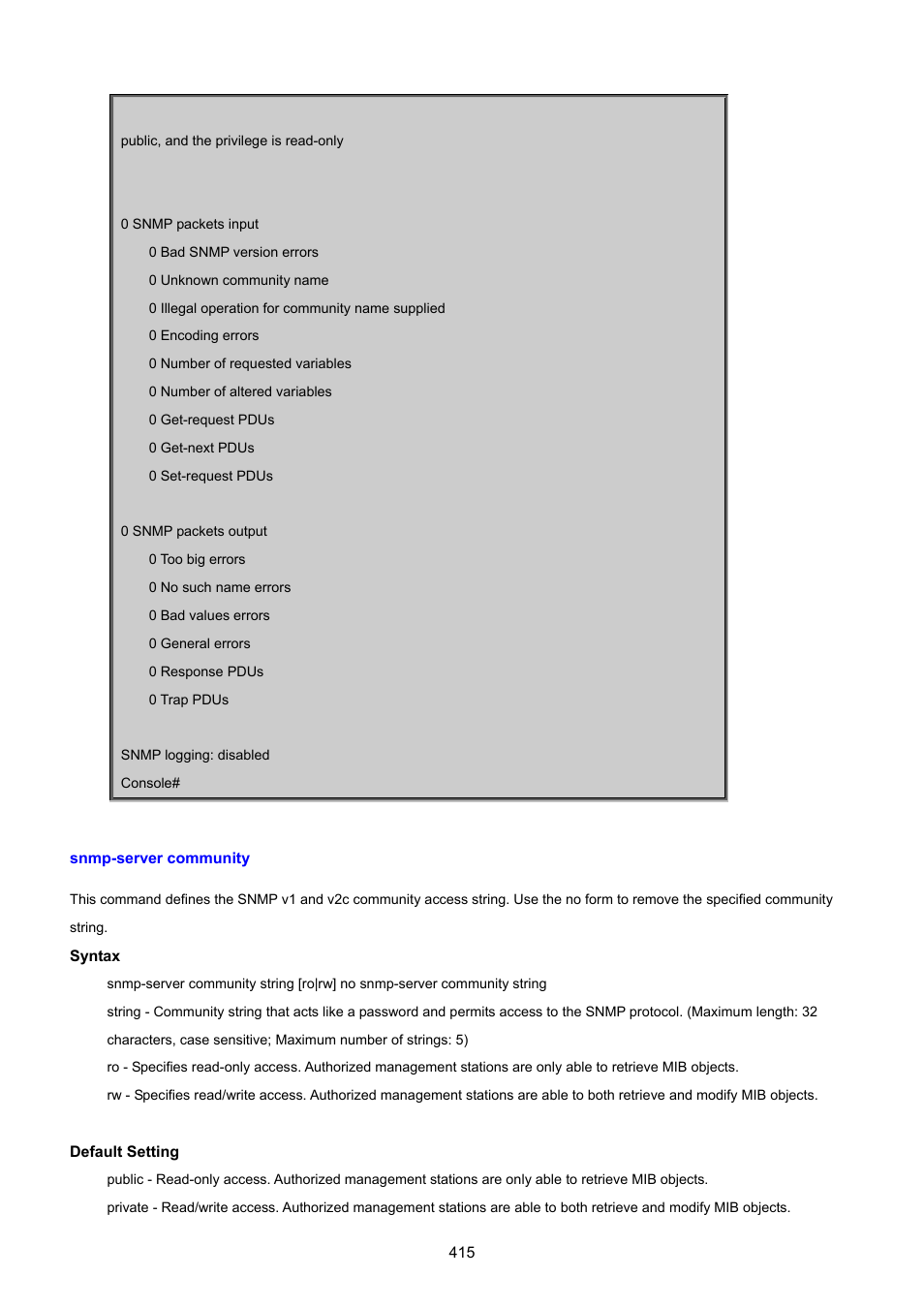 Snmp-server community | PLANET SGSD-1022 User Manual | Page 415 / 693