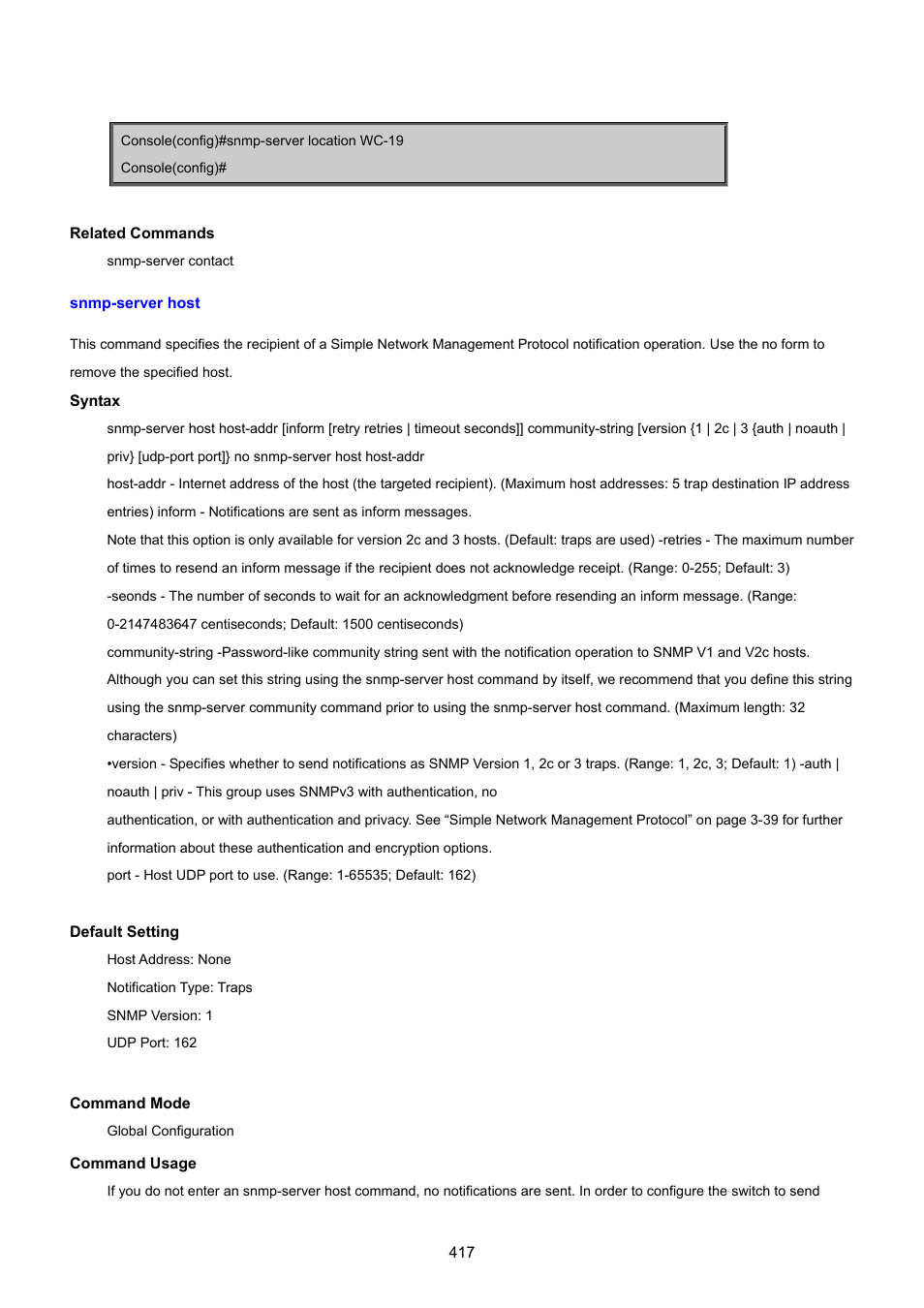 Snmp-server host | PLANET SGSD-1022 User Manual | Page 417 / 693