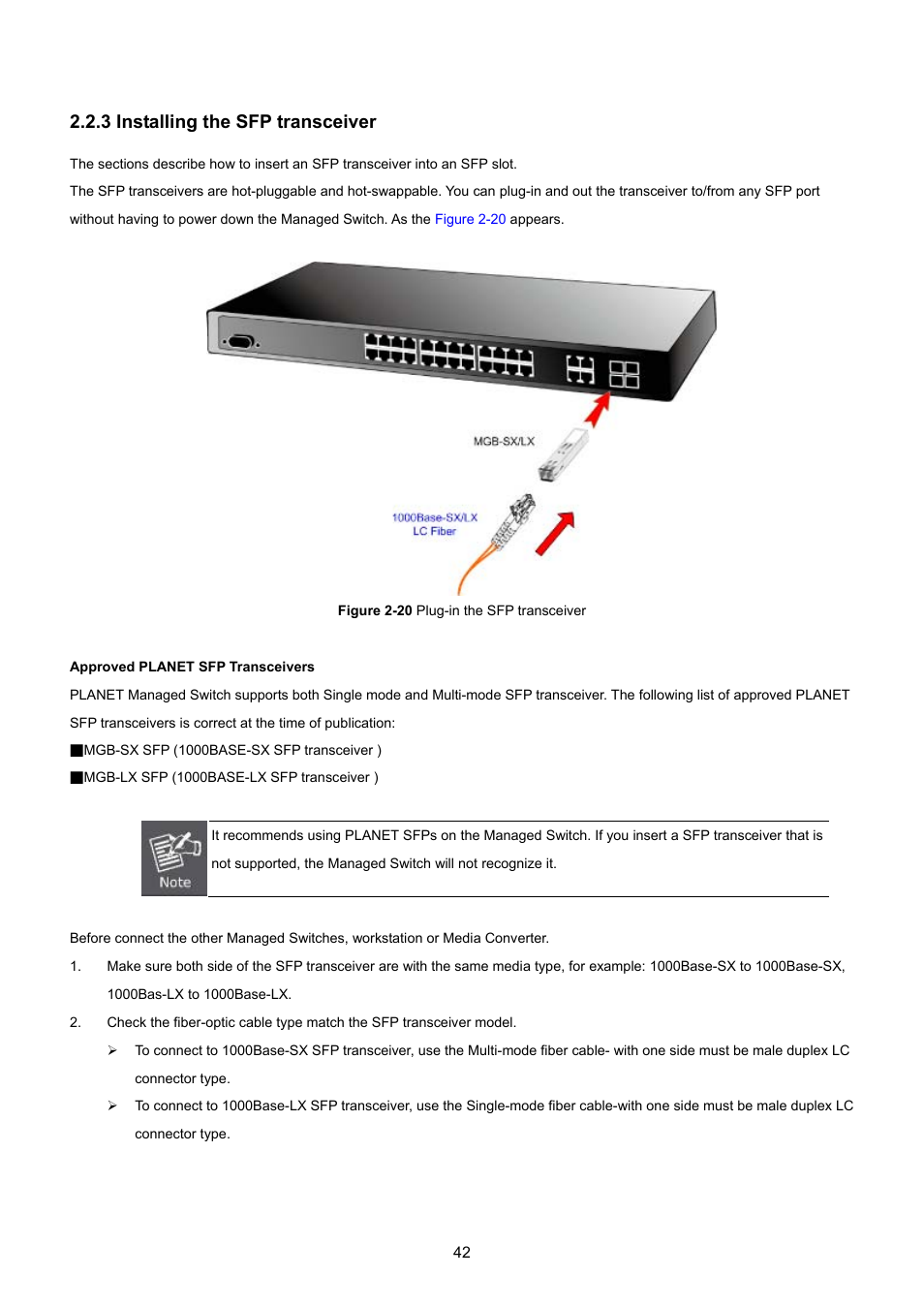 3 installing the sfp transceiver | PLANET SGSD-1022 User Manual | Page 42 / 693