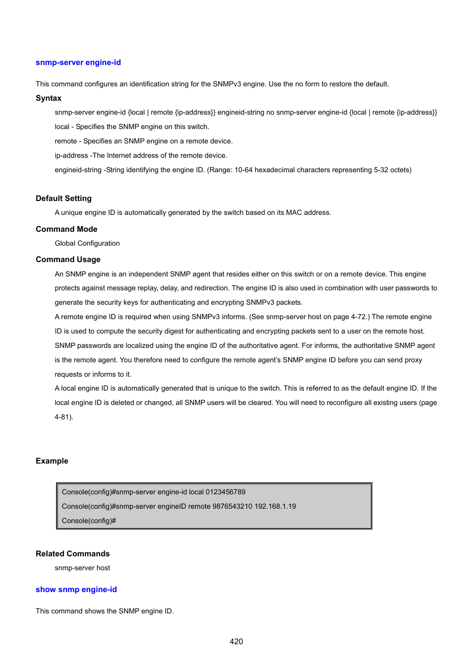 Snmp-server engine-id, Show snmp engine-id | PLANET SGSD-1022 User Manual | Page 420 / 693