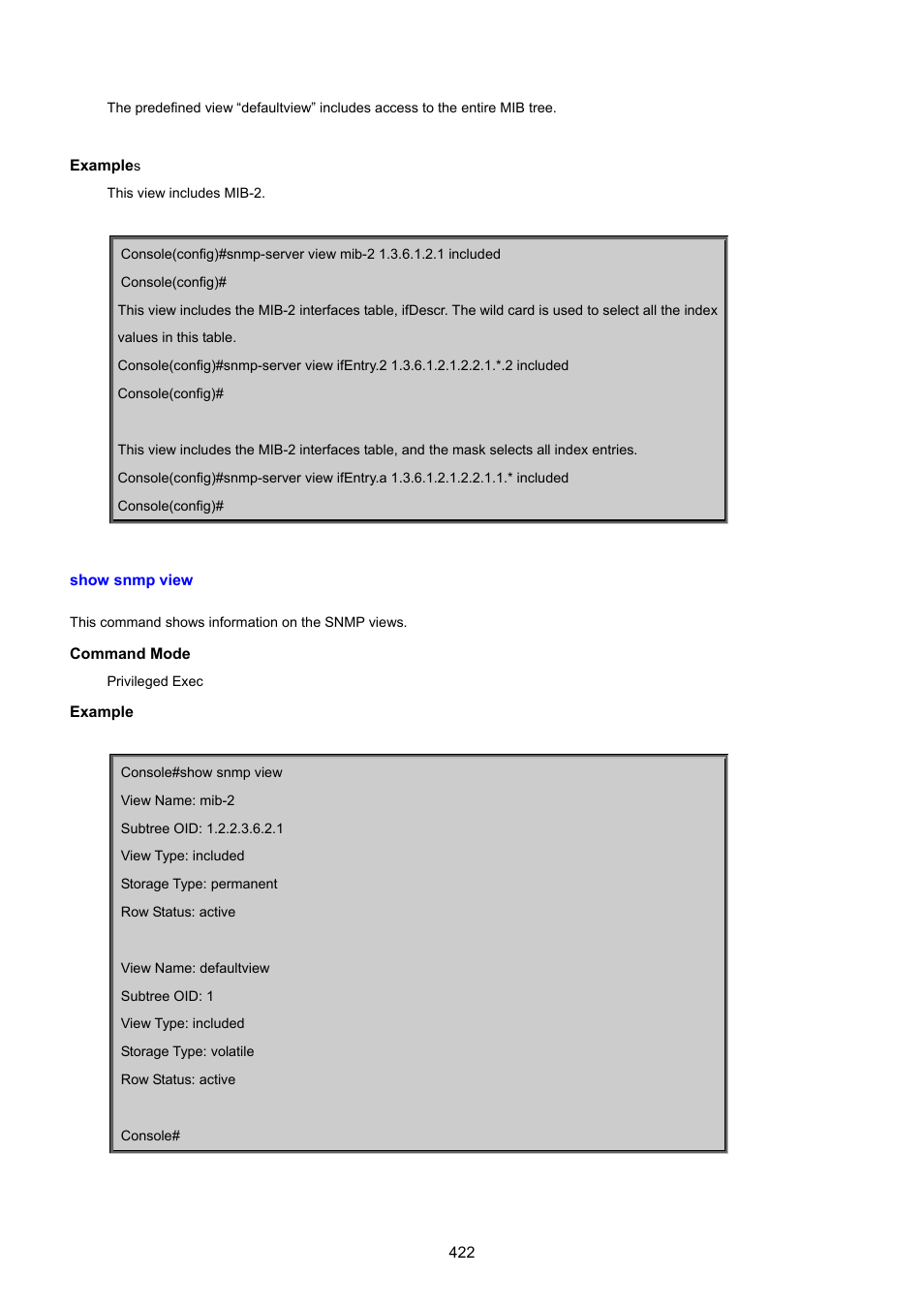 Show snmp view | PLANET SGSD-1022 User Manual | Page 422 / 693