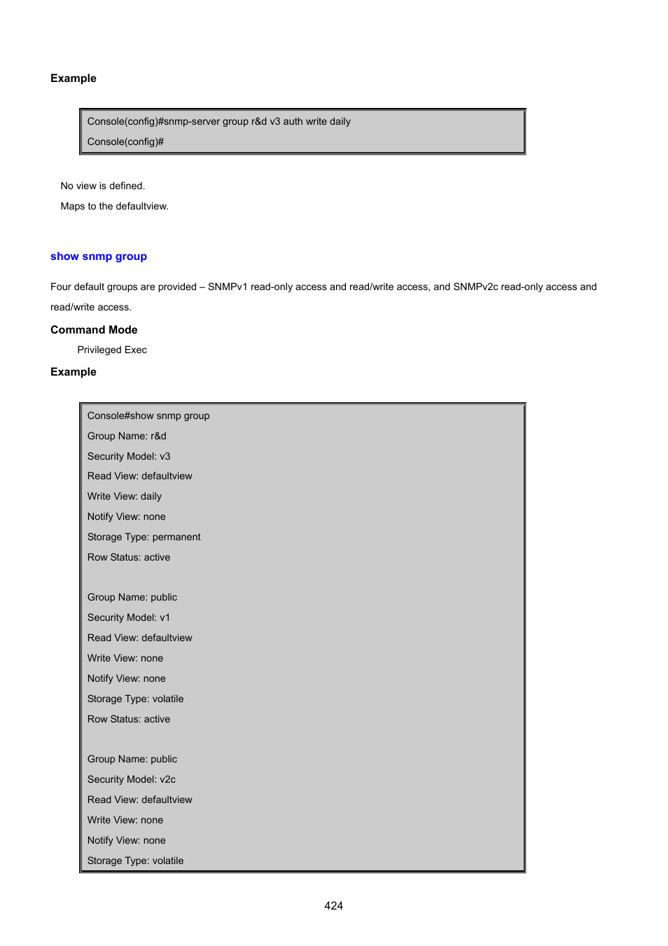 Show snmp group | PLANET SGSD-1022 User Manual | Page 424 / 693