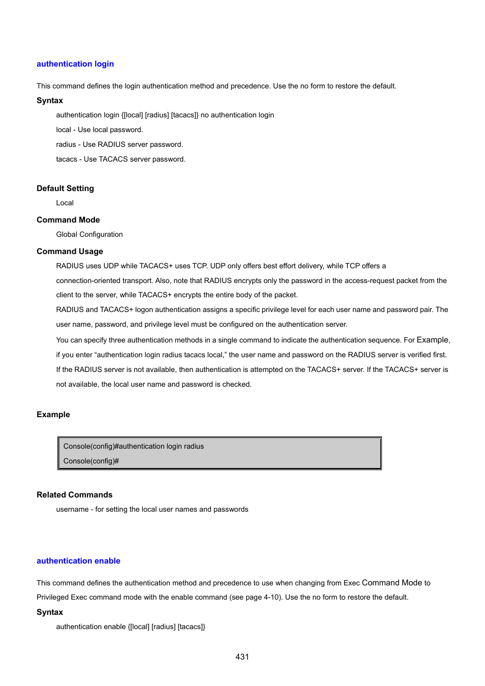 Authentication login, Authentication enable | PLANET SGSD-1022 User Manual | Page 431 / 693