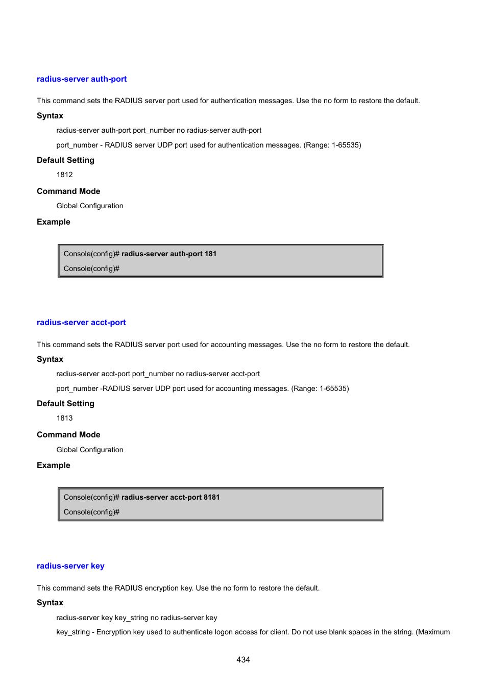 Radius-server auth-port, Radius-server acct-port, Radius-server key | PLANET SGSD-1022 User Manual | Page 434 / 693