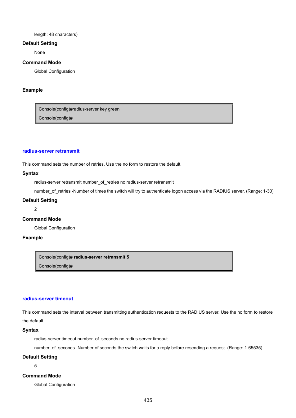 Radius-server retransmit, Radius-server timeout | PLANET SGSD-1022 User Manual | Page 435 / 693