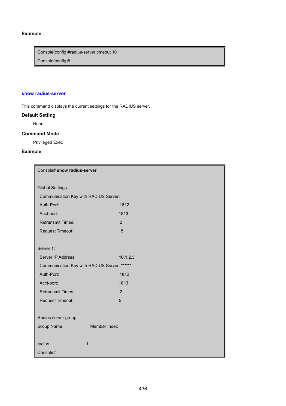 Show radius-server | PLANET SGSD-1022 User Manual | Page 436 / 693