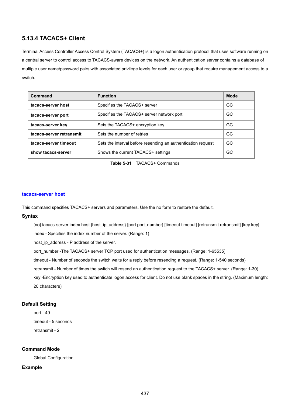 4 tacacs+ client, Tacacs-server host | PLANET SGSD-1022 User Manual | Page 437 / 693