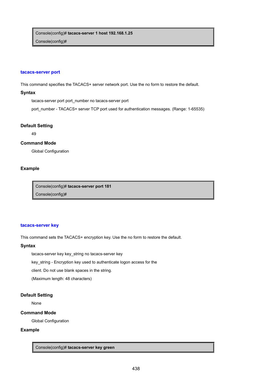 Tacacs-server port, Tacacs-server key | PLANET SGSD-1022 User Manual | Page 438 / 693