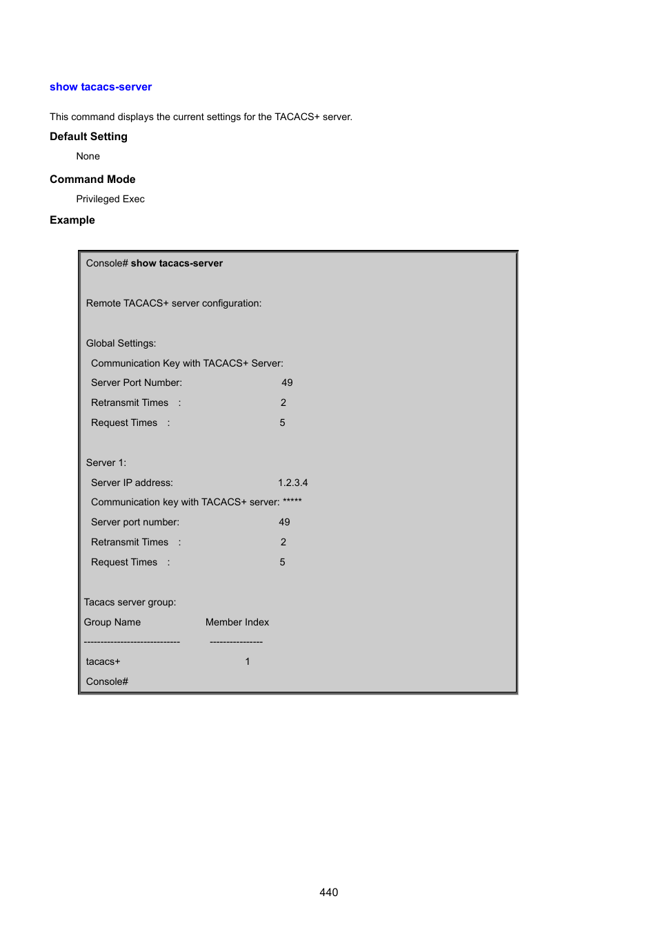 Show tacacs-server | PLANET SGSD-1022 User Manual | Page 440 / 693