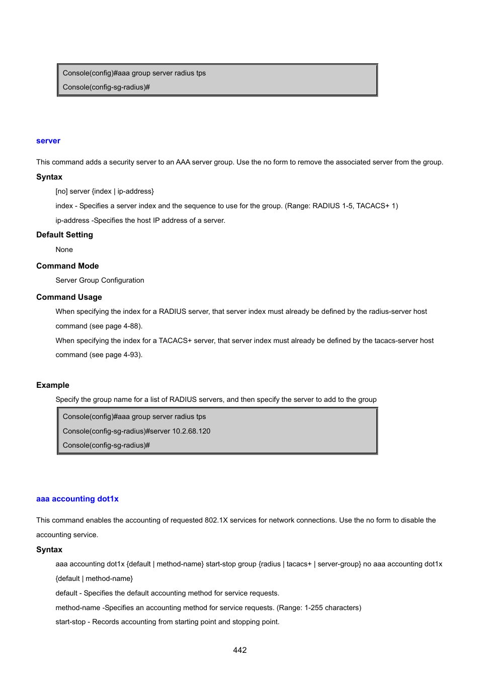 Server, Aaa accounting dot1x | PLANET SGSD-1022 User Manual | Page 442 / 693