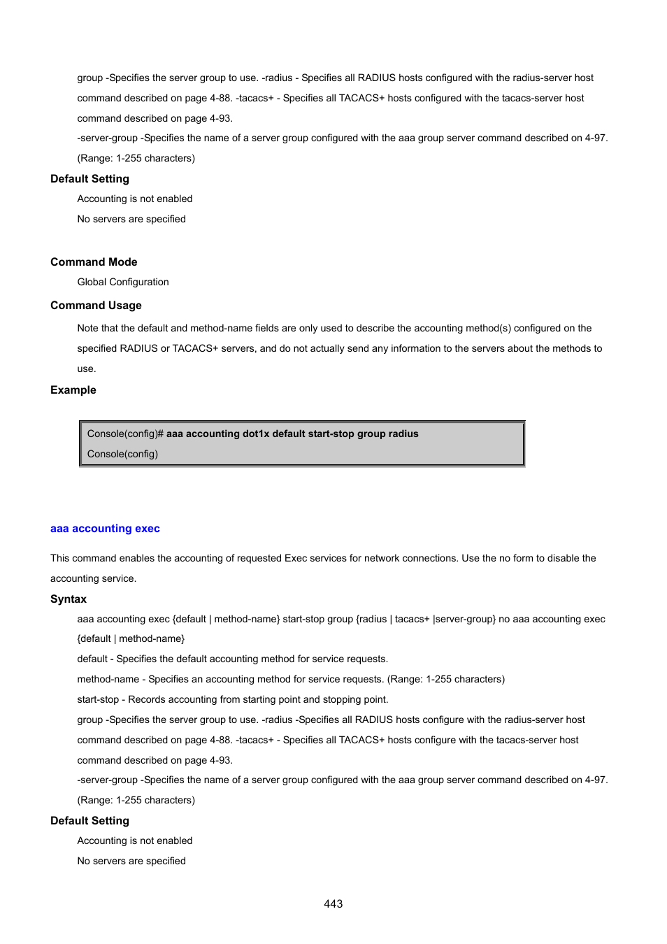 Aaa accounting exec | PLANET SGSD-1022 User Manual | Page 443 / 693