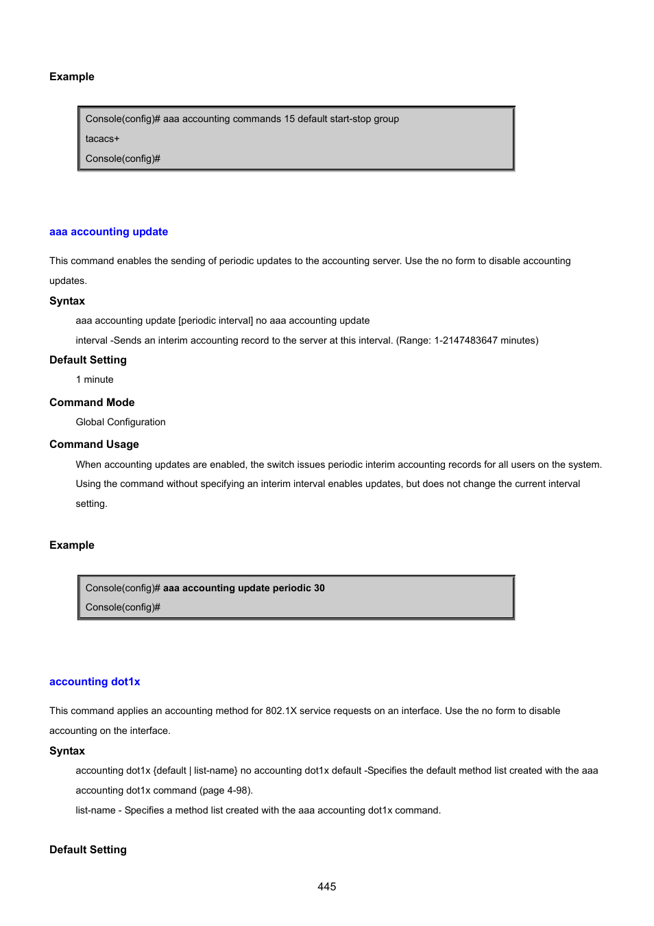 Aaa accounting update, Accounting dot1x | PLANET SGSD-1022 User Manual | Page 445 / 693