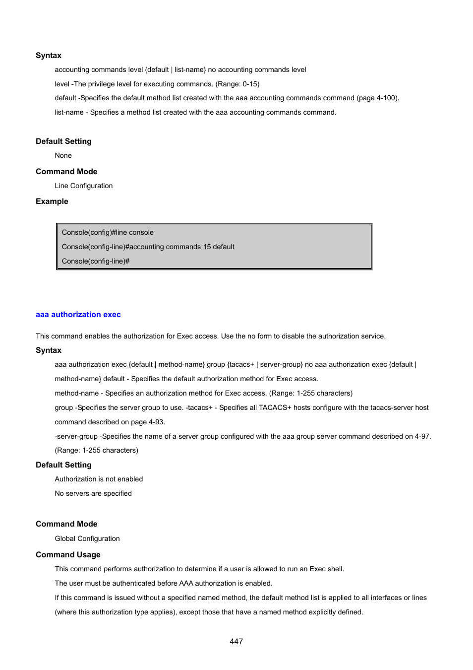 Aaa authorization exec | PLANET SGSD-1022 User Manual | Page 447 / 693