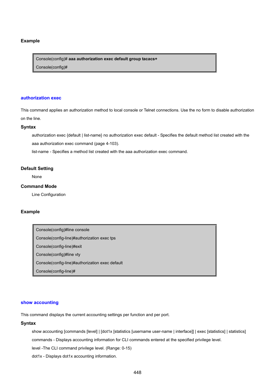 Authorization exec, Show accounting | PLANET SGSD-1022 User Manual | Page 448 / 693