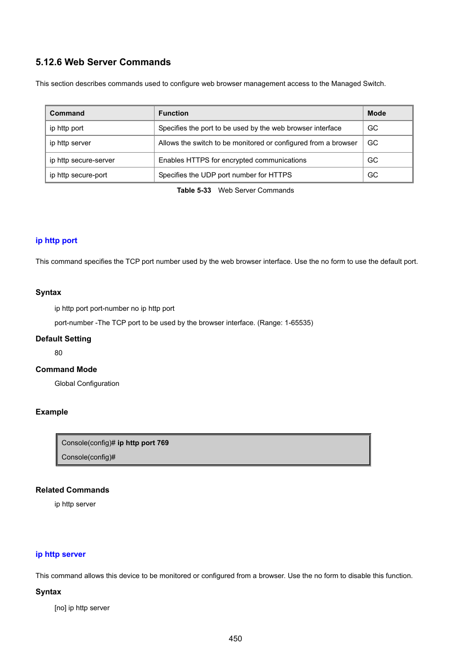 6 web server commands, Ip http port, Ip http server | PLANET SGSD-1022 User Manual | Page 450 / 693