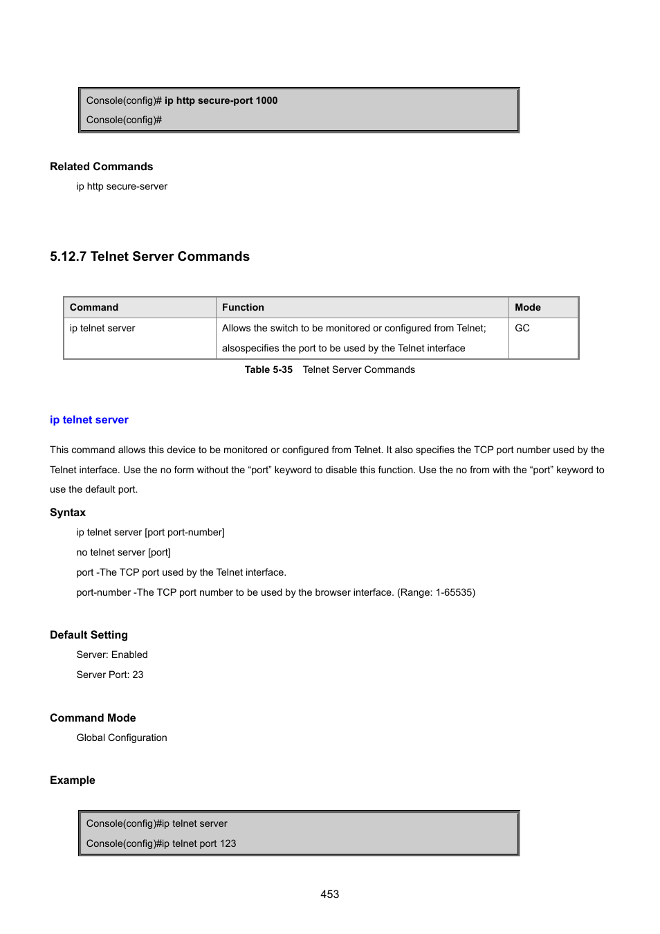 7 telnet server commands, Ip telnet server | PLANET SGSD-1022 User Manual | Page 453 / 693