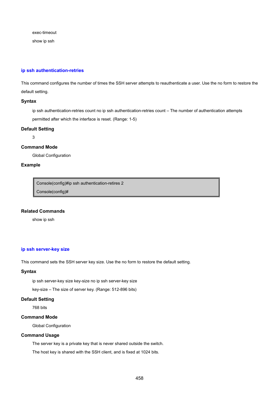 Ip ssh authentication-retries, Ip ssh server-key size | PLANET SGSD-1022 User Manual | Page 458 / 693