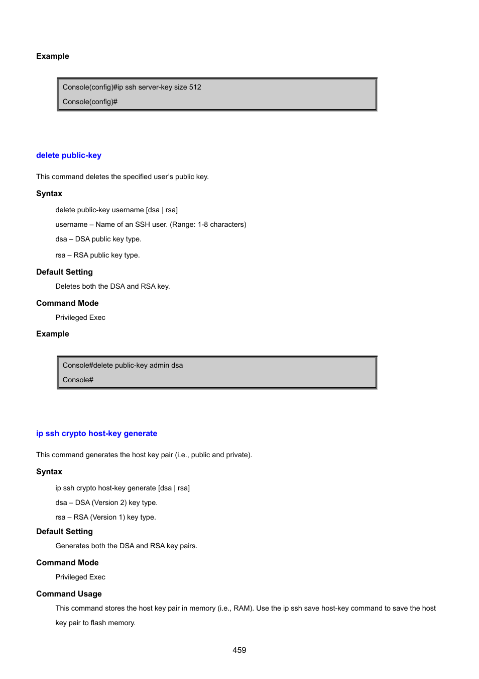 Delete public-key, Ip ssh crypto host-key generate | PLANET SGSD-1022 User Manual | Page 459 / 693