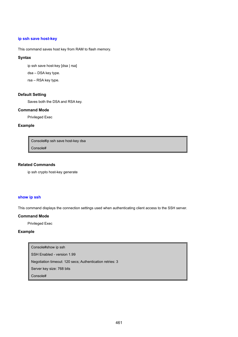 Ip ssh save host-key, Show ip ssh | PLANET SGSD-1022 User Manual | Page 461 / 693