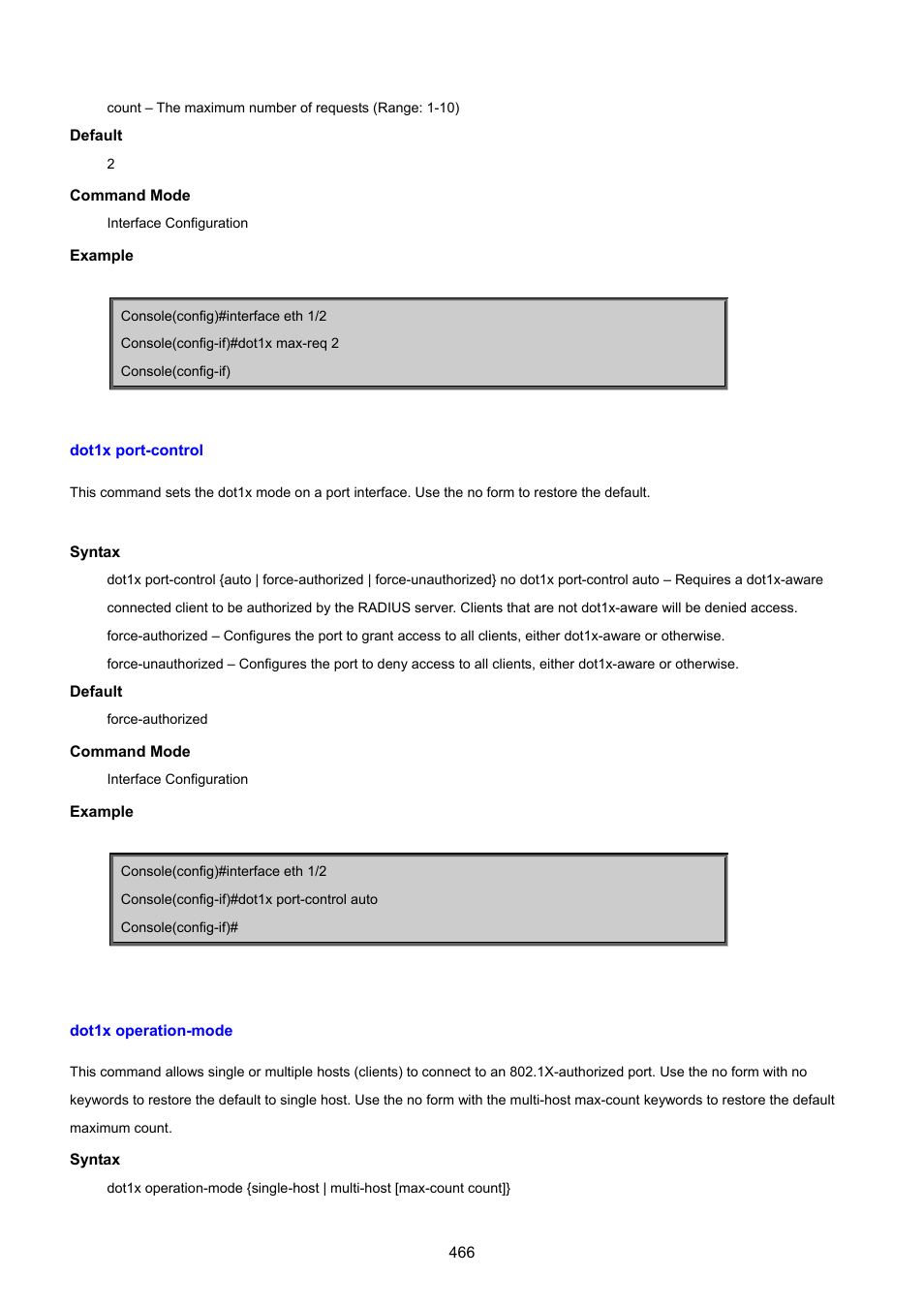 Dot1x port-control, Dot1x operation-mode | PLANET SGSD-1022 User Manual | Page 466 / 693