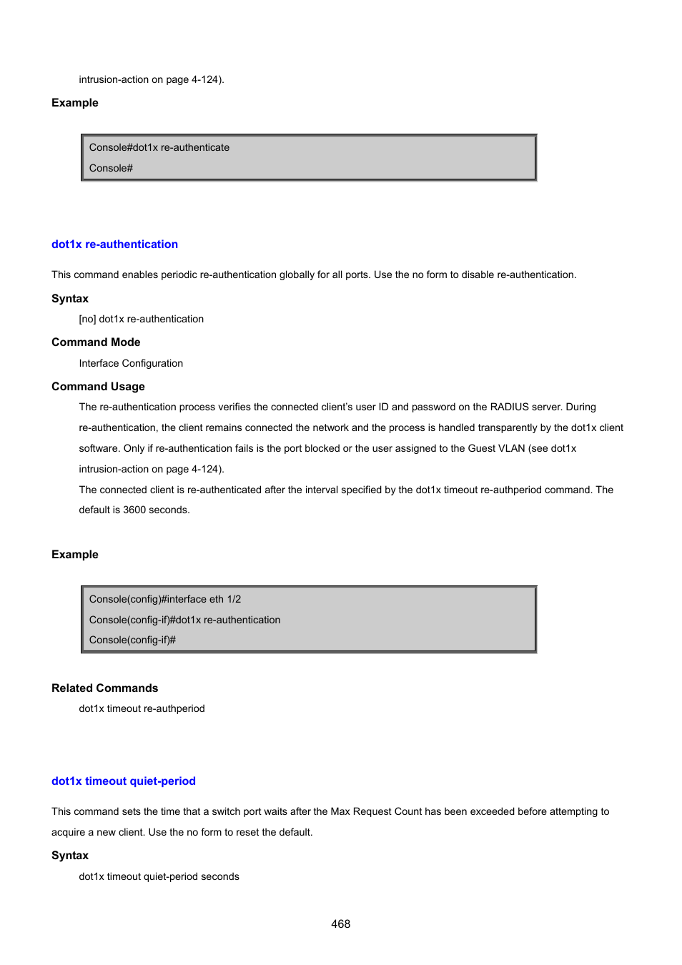 Dot1x re-authentication, Dot1x timeout quiet-period | PLANET SGSD-1022 User Manual | Page 468 / 693