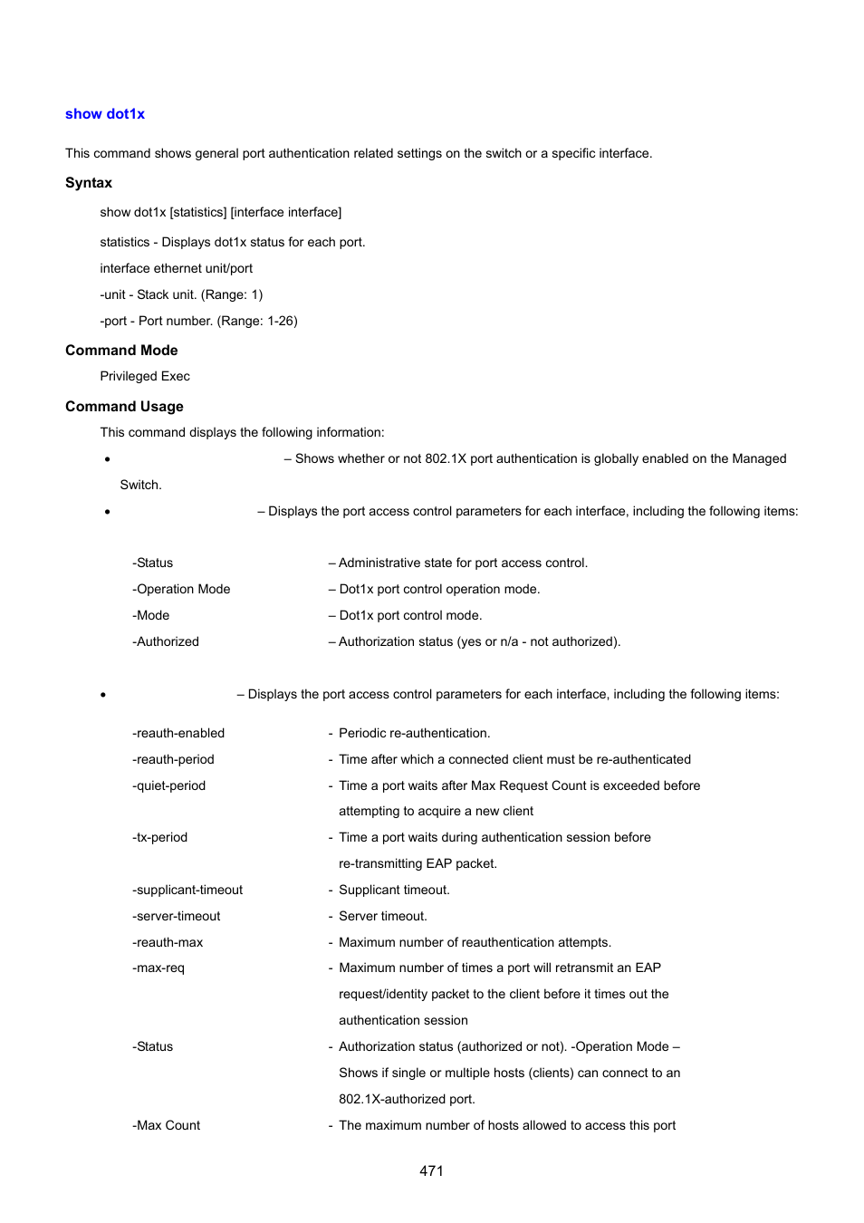 Show dot1x | PLANET SGSD-1022 User Manual | Page 471 / 693