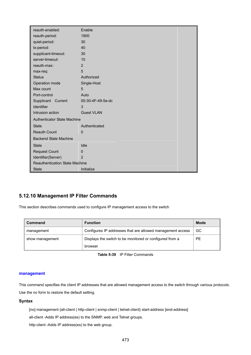 10 management ip filter commands, Management | PLANET SGSD-1022 User Manual | Page 473 / 693