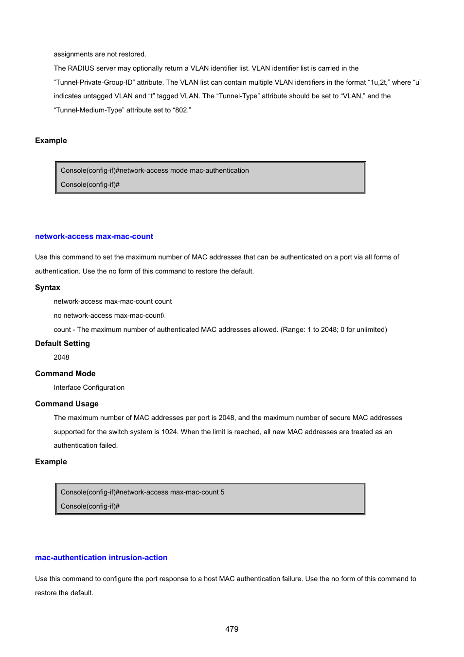 Network-access max-mac-count, Mac-authentication intrusion-action | PLANET SGSD-1022 User Manual | Page 479 / 693
