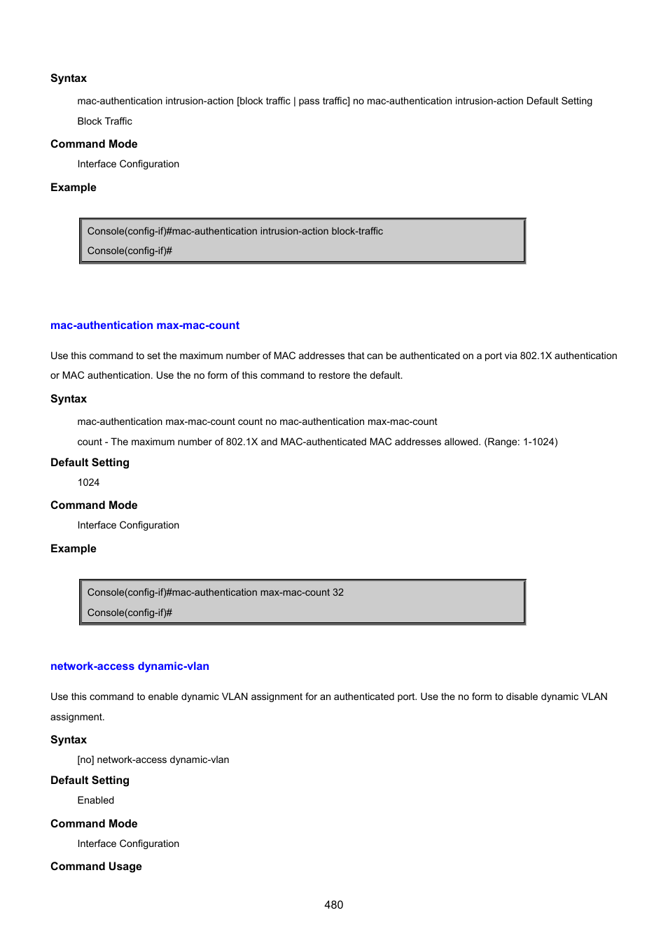 Mac-authentication max-mac-count, Network-access dynamic-vlan | PLANET SGSD-1022 User Manual | Page 480 / 693