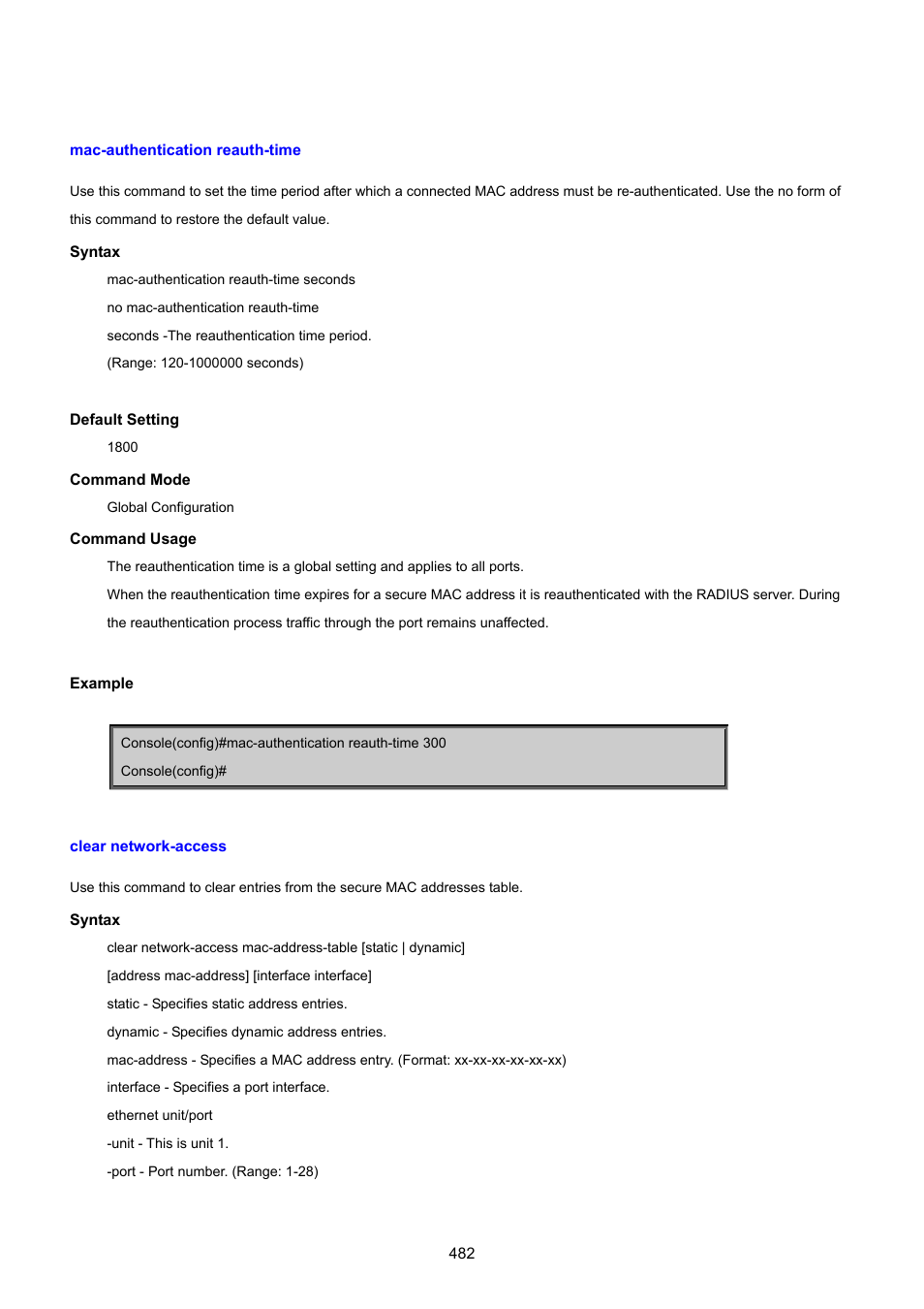 Mac-authentication reauth-time, Clear network-access | PLANET SGSD-1022 User Manual | Page 482 / 693