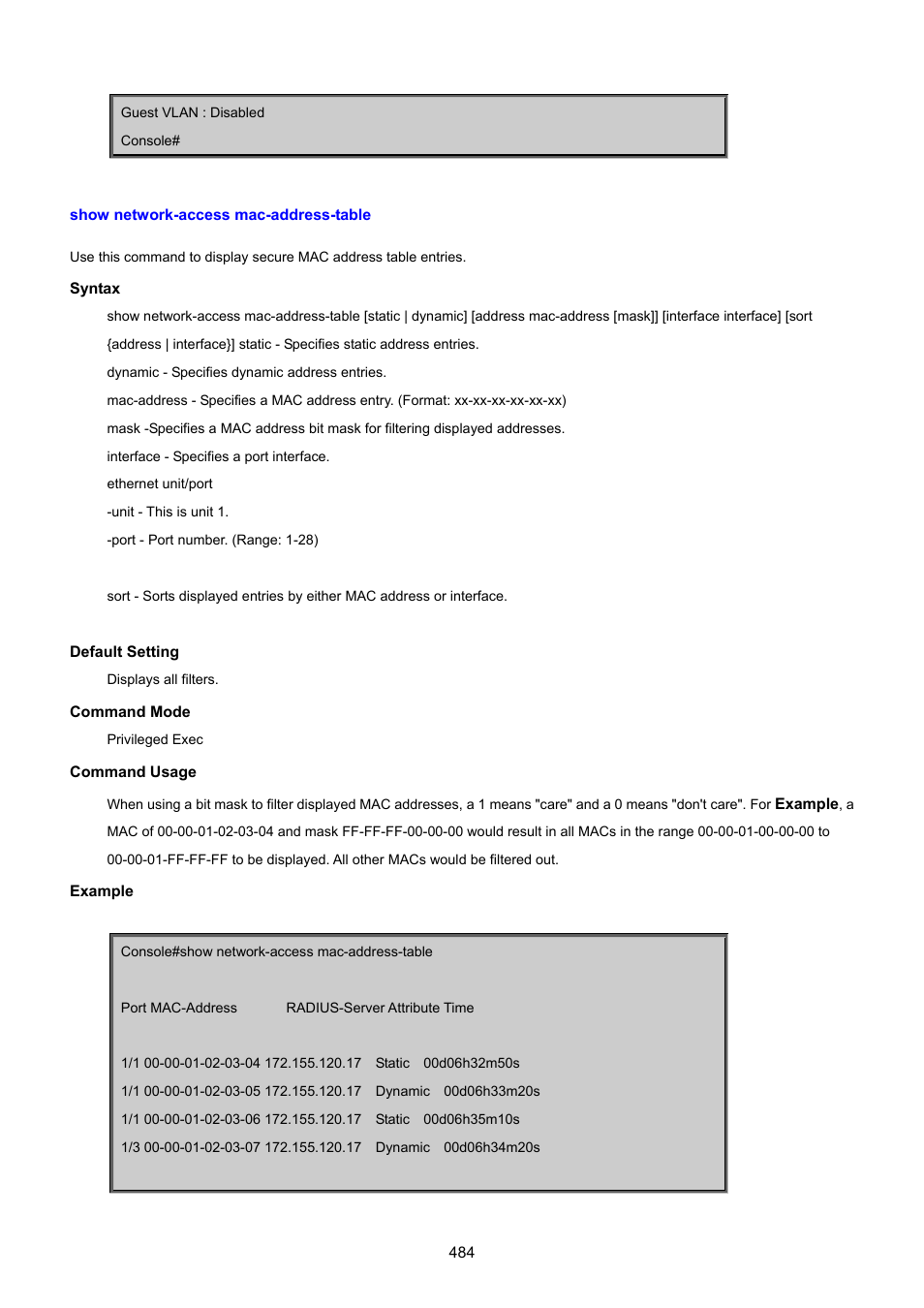 Show network-access mac-address-table | PLANET SGSD-1022 User Manual | Page 484 / 693