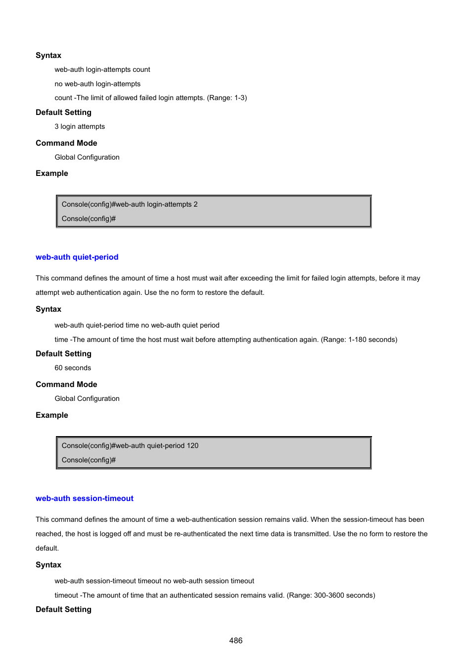 Web-auth quiet-period, Web-auth session-timeout | PLANET SGSD-1022 User Manual | Page 486 / 693