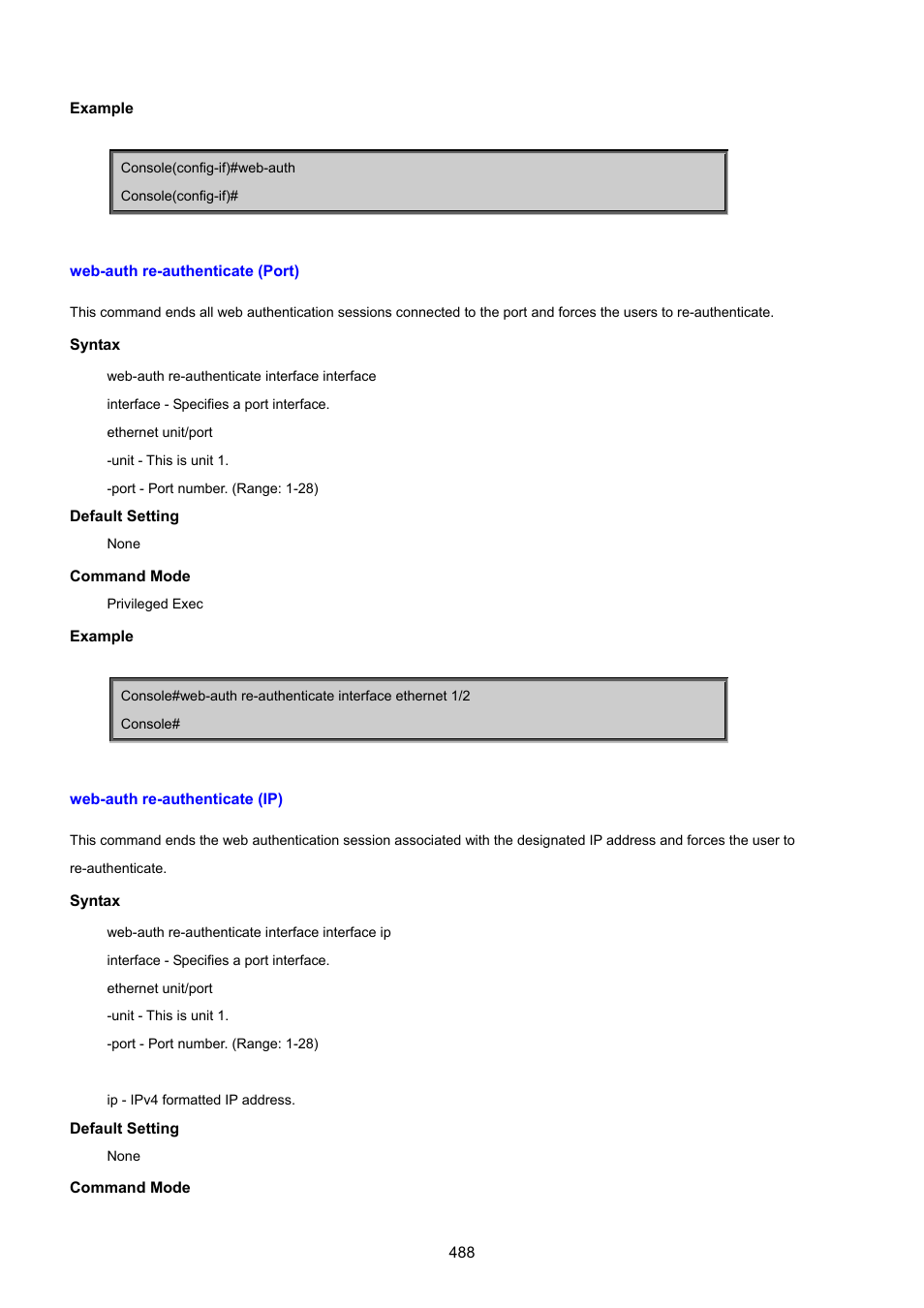Web-auth re-authenticate (port), Web-auth re-authenticate (ip) | PLANET SGSD-1022 User Manual | Page 488 / 693