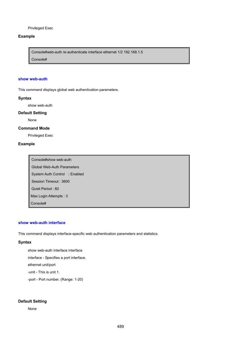 Show web-auth, Show web-auth interface | PLANET SGSD-1022 User Manual | Page 489 / 693