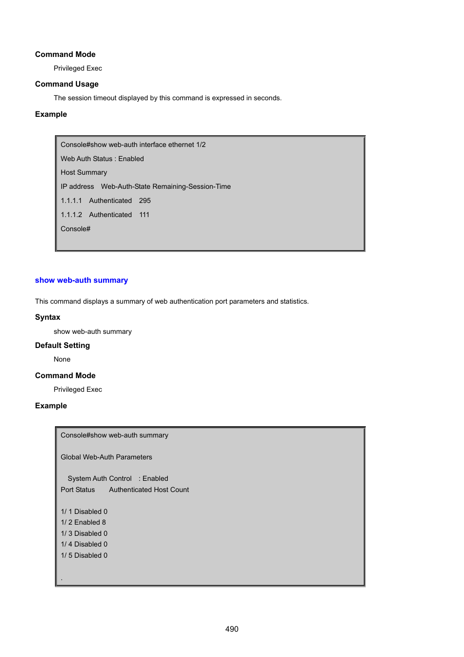 Show web-auth summary | PLANET SGSD-1022 User Manual | Page 490 / 693
