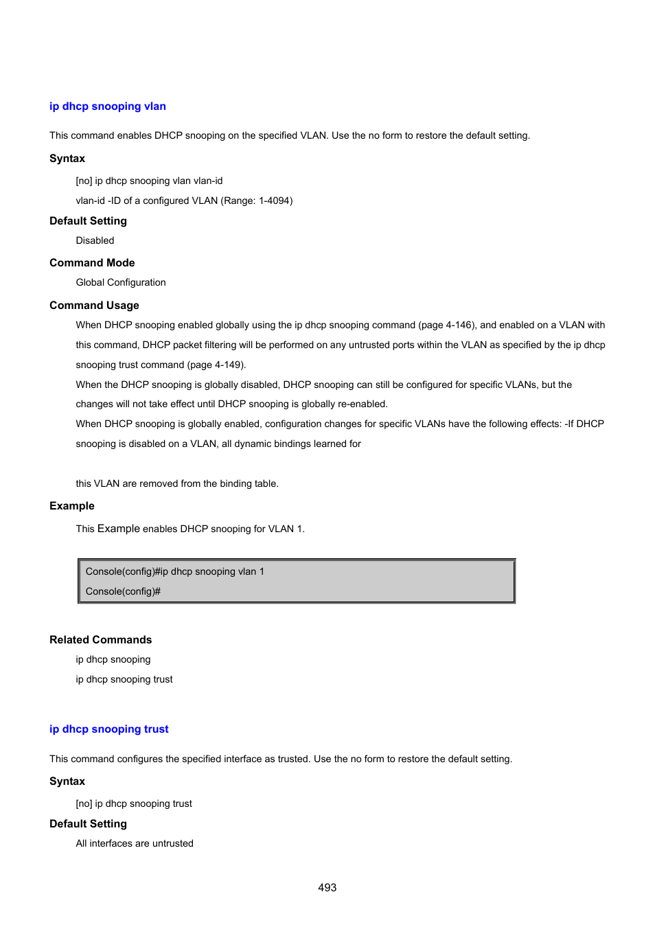Ip dhcp snooping vlan, Ip dhcp snooping trust | PLANET SGSD-1022 User Manual | Page 493 / 693
