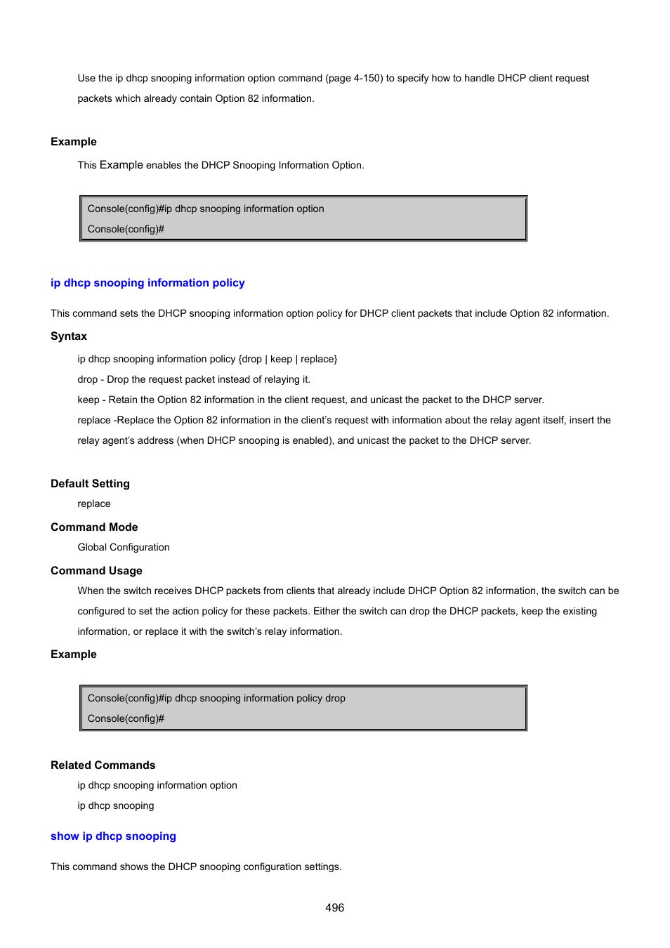 Ip dhcp snooping information policy, Show ip dhcp snooping | PLANET SGSD-1022 User Manual | Page 496 / 693