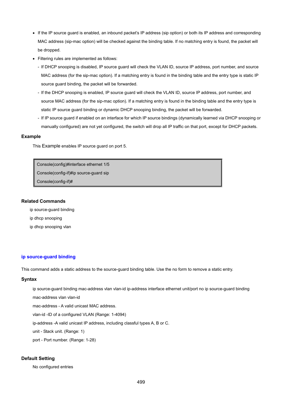 Ip source-guard binding | PLANET SGSD-1022 User Manual | Page 499 / 693