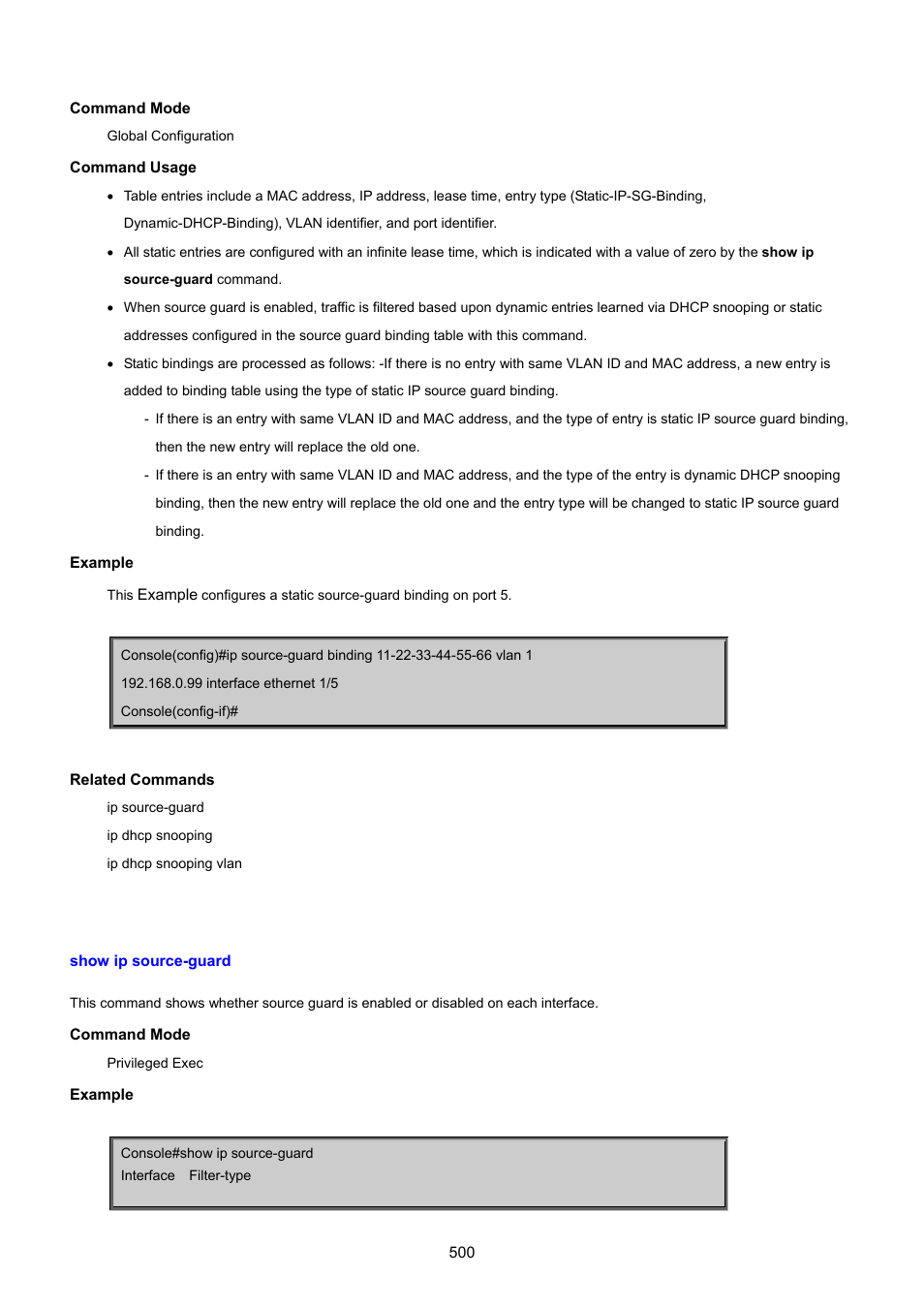 Show ip source-guard | PLANET SGSD-1022 User Manual | Page 500 / 693